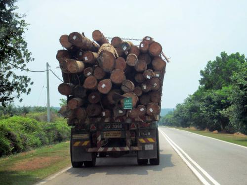 A truck laden with timber heading towards Segamat.