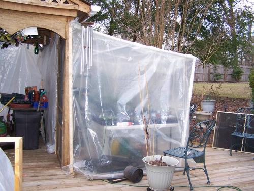 My make shift greenhouse. I used 1 14' pvc and fittings and plastic.